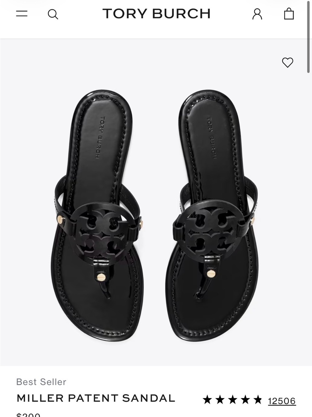 Tory Burch Black Patent Miller Thong Sandal with Logo Medallion